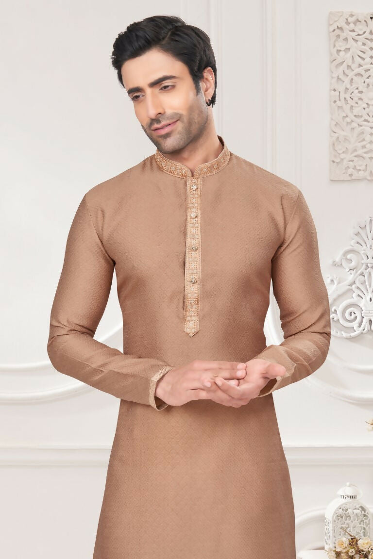 Functional Designer Men's Cream Jacquard Kurta With Pant - Rudra | Grocsy