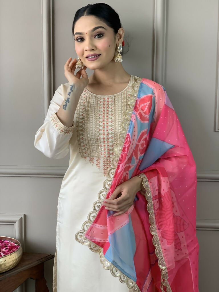 White Viscose Chanderi Stitched Suit With Dupatta - Tanisha | Grocsy
