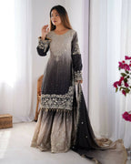 The52 Women's Beautiful Chinon silk Fabric Embroidery Work Straight Kurta Palazzo and Dupatta Set | Grocsy
