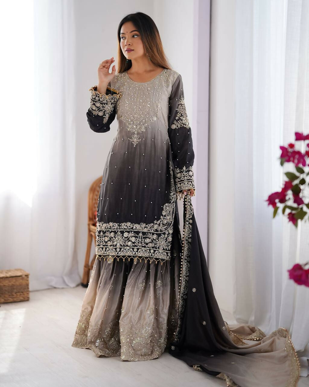 The52 Women's Beautiful Chinon silk Fabric Embroidery Work Straight Kurta Palazzo and Dupatta Set | Grocsy