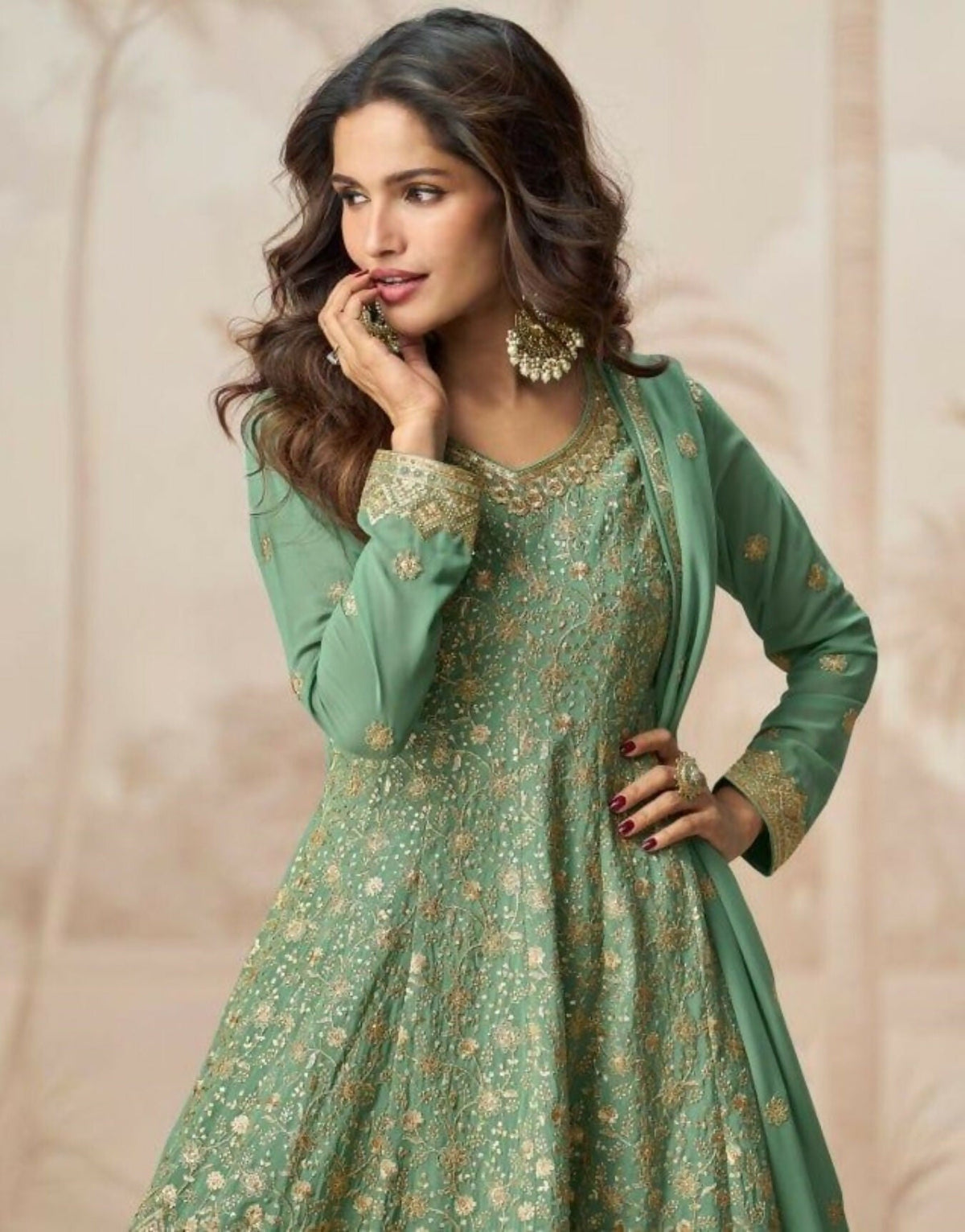 Anaita Green Heavy Fox Georgette Stitched Suit with Sequence Work | Grocsy