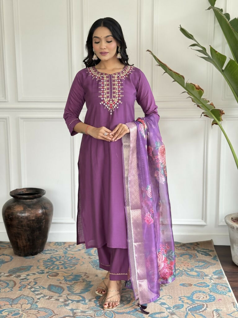 Purple Viscose chanderi Stitched Suit With Dupatta - Tanisha | Grocsy