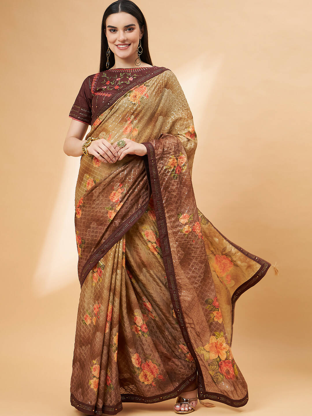 Beige Georgette Resham And Sequins Embroidery, Mukaish Studded Work Saree - Norita Hit Design | Grocsy