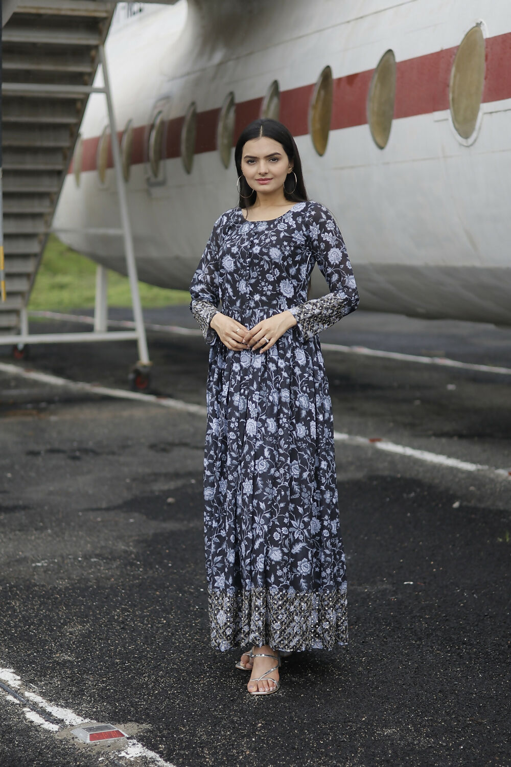 Aayaa Printed Faux Georgette with Embroidery Zari Sequins work Gown - Black | Grocsy