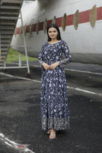 Aayaa Printed Faux Georgette with Embroidery Zari Sequins work Gown - Black | Grocsy