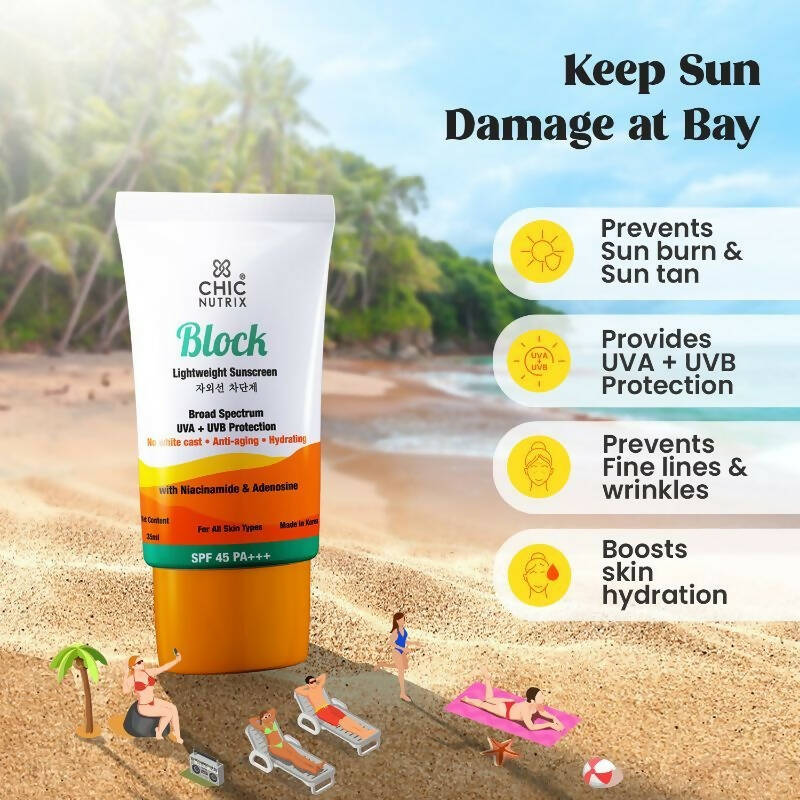 Chicnutrix Korean Block Lightweight Sunscreen SPF 45 PA+++ UVA + UVB Protection, Reduces Fine Lines And Wrinkles, Korean Skincare | Grocsy