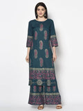 Aniyah Rayon Teal Blue Color Block Print Straight Kurta (AN-224K) | Grocsy