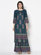Aniyah Rayon Teal Blue Color Block Print Straight Kurta (AN-224K) | Grocsy