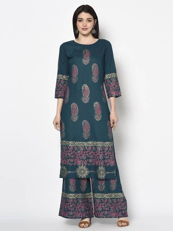 Aniyah Rayon Teal Blue Color Block Print Straight Kurta (AN-224K) | Grocsy