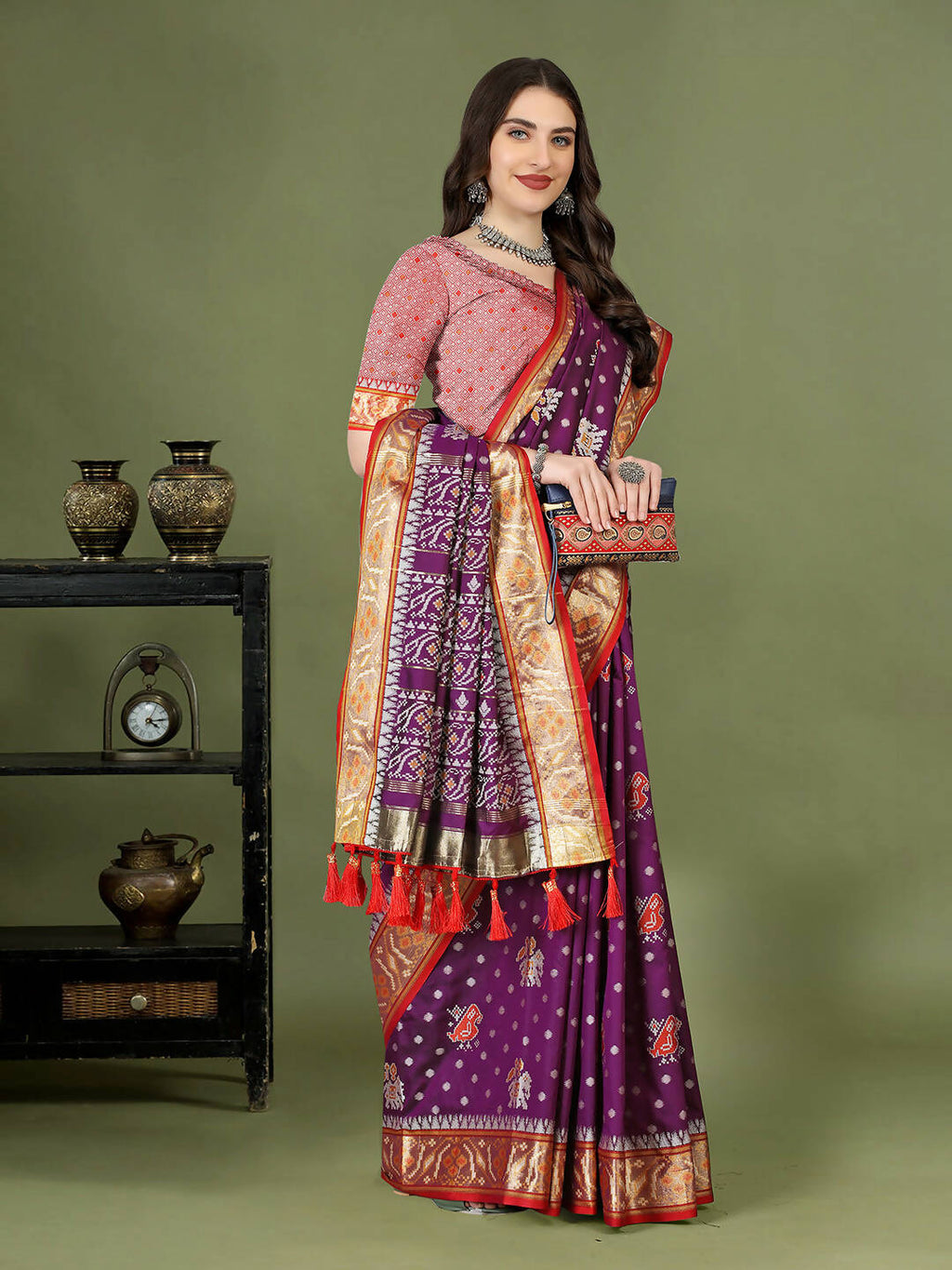 Lorenvalley Fashion Purple Patola Silk Woven Design Zari Meenakari Weaving Saree | Grocsy