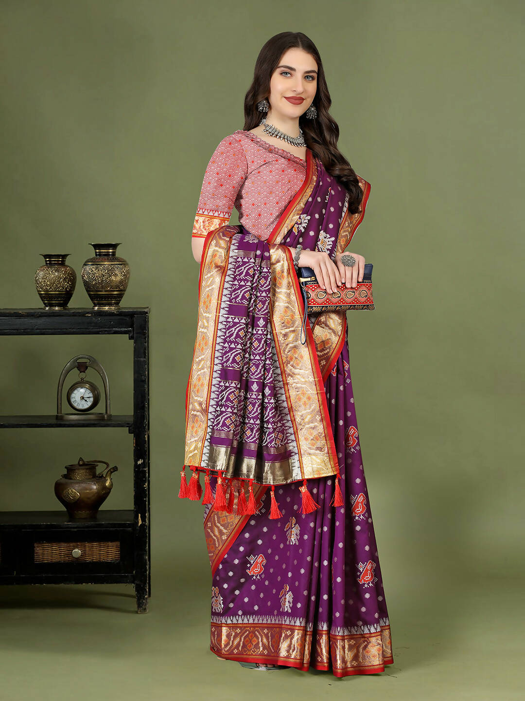 Lorenvalley Fashion Purple Patola Silk Woven Design Zari Meenakari Weaving Saree | Grocsy
