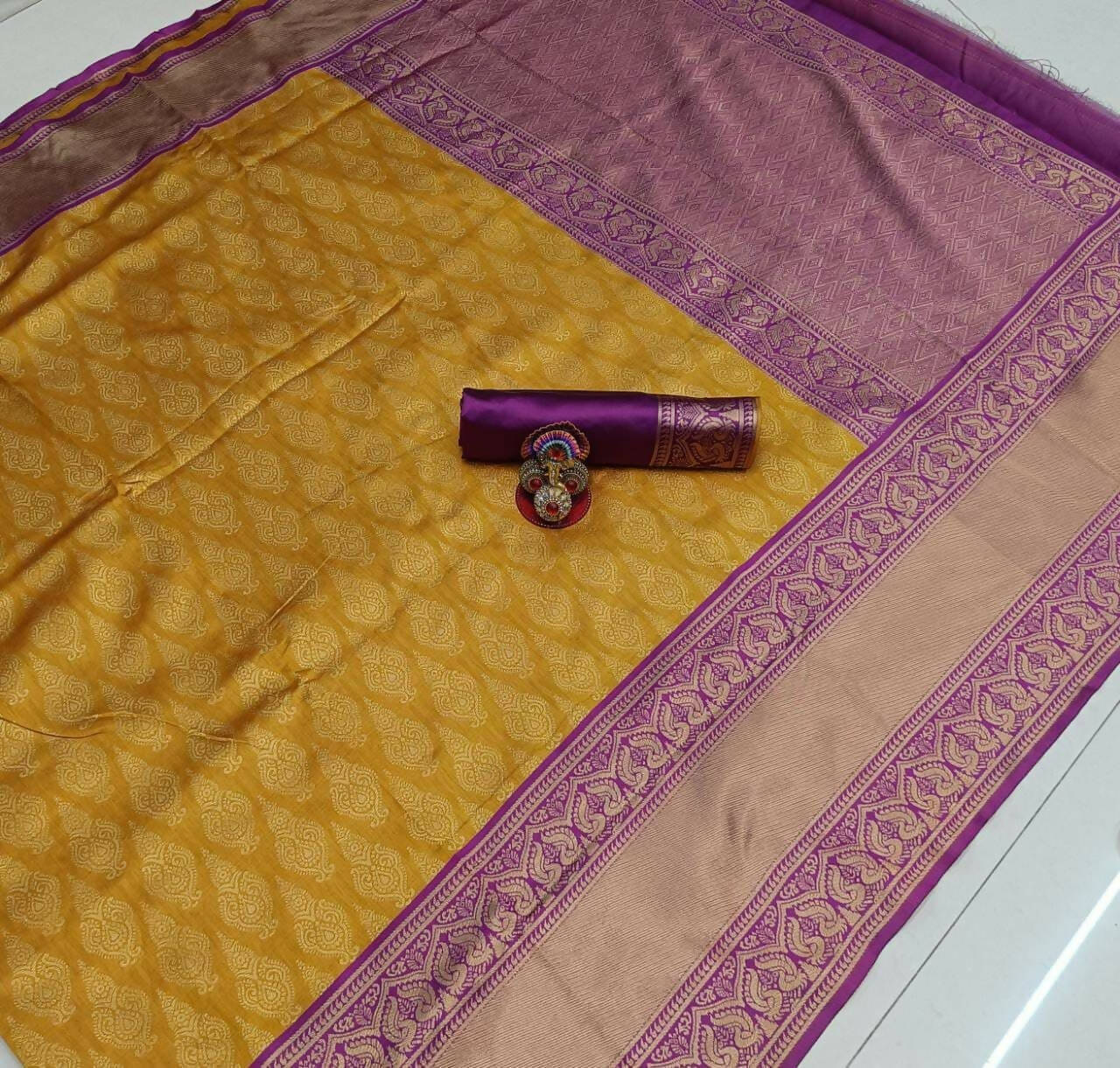 DEIANA'S Beautiful Designer Golden zari Soft Lichi Silk Saree - Yellow | Grocsy