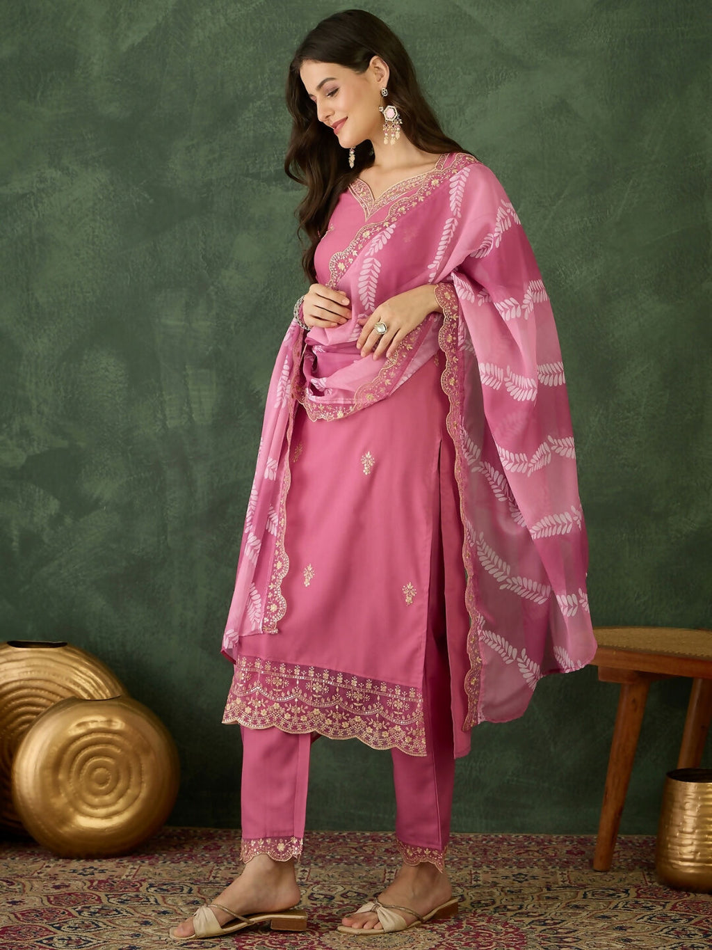 The52 Women's Beautiful Rayon Fabric Embroidery Work Straight Kurta Pant and Dupatta Set-Pink | Grocsy