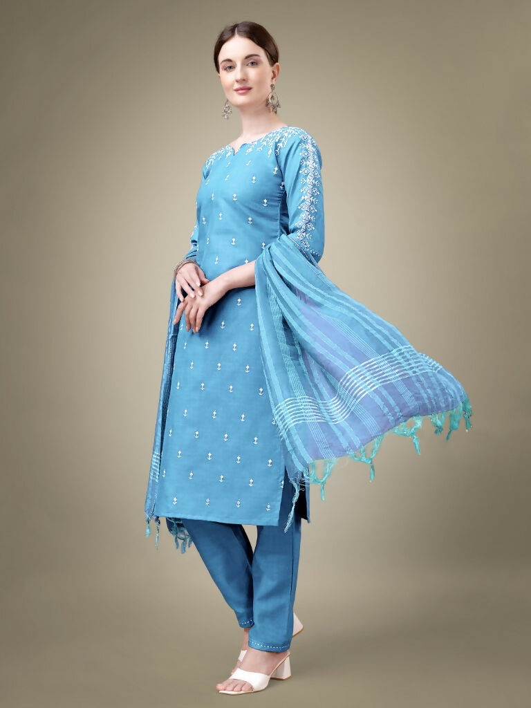 Jyoti Fashion Women's Sky Blue Cotton Blend Embroidery & Sequence work Kurta with Trouser & Dupatta | Grocsy