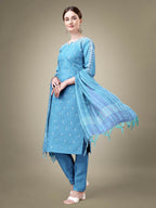 Jyoti Fashion Women's Sky Blue Cotton Blend Embroidery & Sequence work Kurta with Trouser & Dupatta | Grocsy