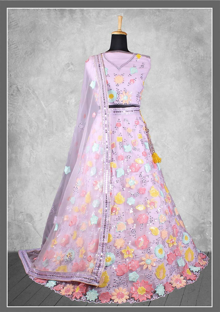 Purple Net, Satin Silk Cord And Sequins Floral Embroidery Semi-Stitched Lehenga Choli - Nimaya Kangan | Grocsy