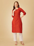 Jyoti Fashion Women's Rust Cotton Blend Embroidered Kurta Pant Set | Grocsy