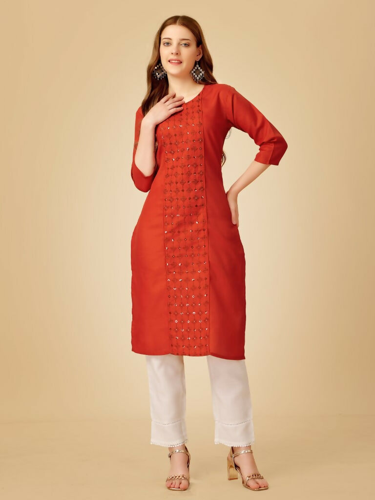 Jyoti Fashion Women's Rust Cotton Blend Embroidered Kurta Pant Set | Grocsy