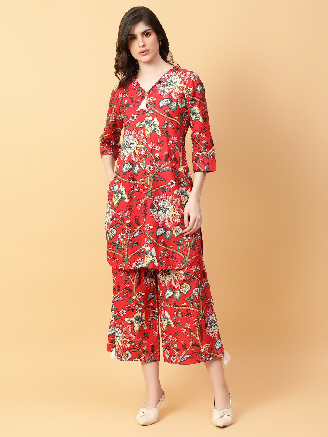 Joban Fashion Red Cotton Printed & Hand Work Co-ord Set | Grocsy