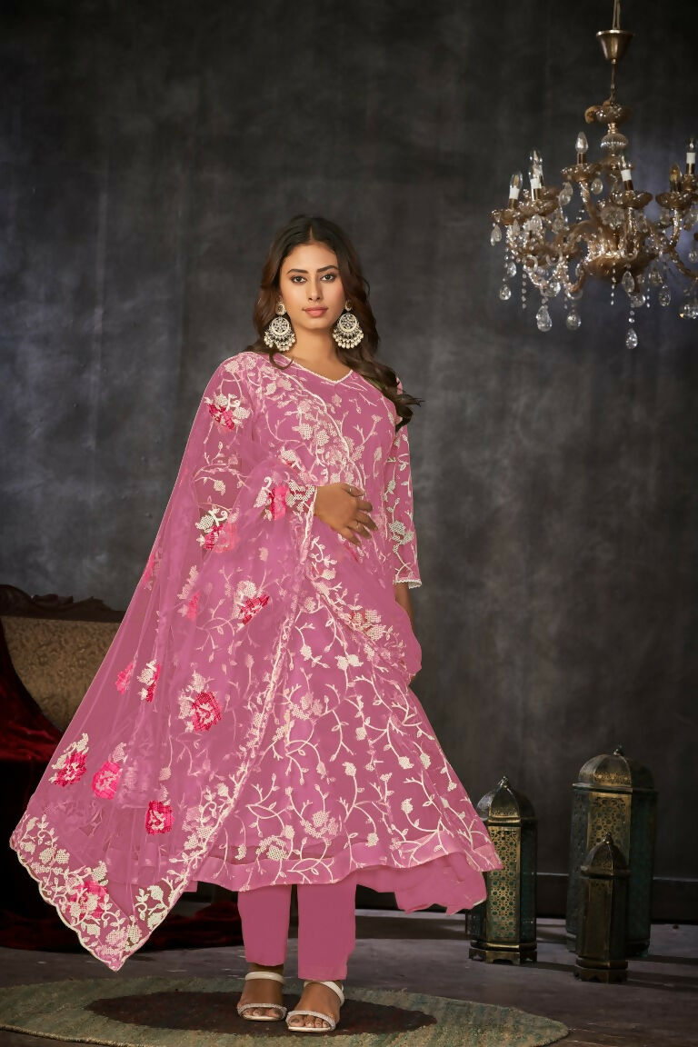Jyoti Fashion Women's Pink Net Embroidered Anarkali Kurta Pant Set With Dupatta | Grocsy