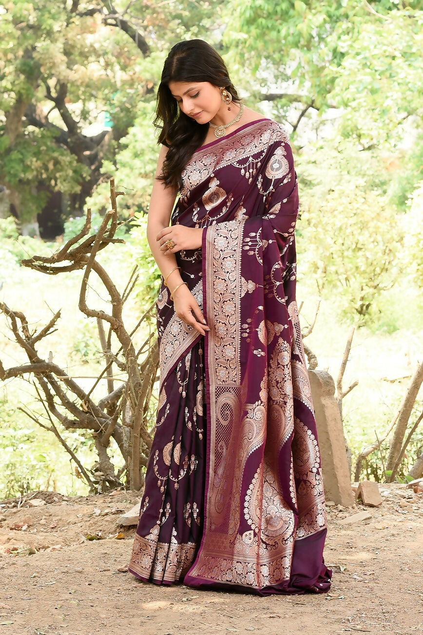 Joban Fashion Wine Banarasi Soft Pure Handloom Banarasi Silk Saree | Grocsy