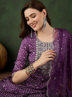 Sangria Bandhani Printed Straight Kurta, Trouser & Dupatta Set | Grocsy