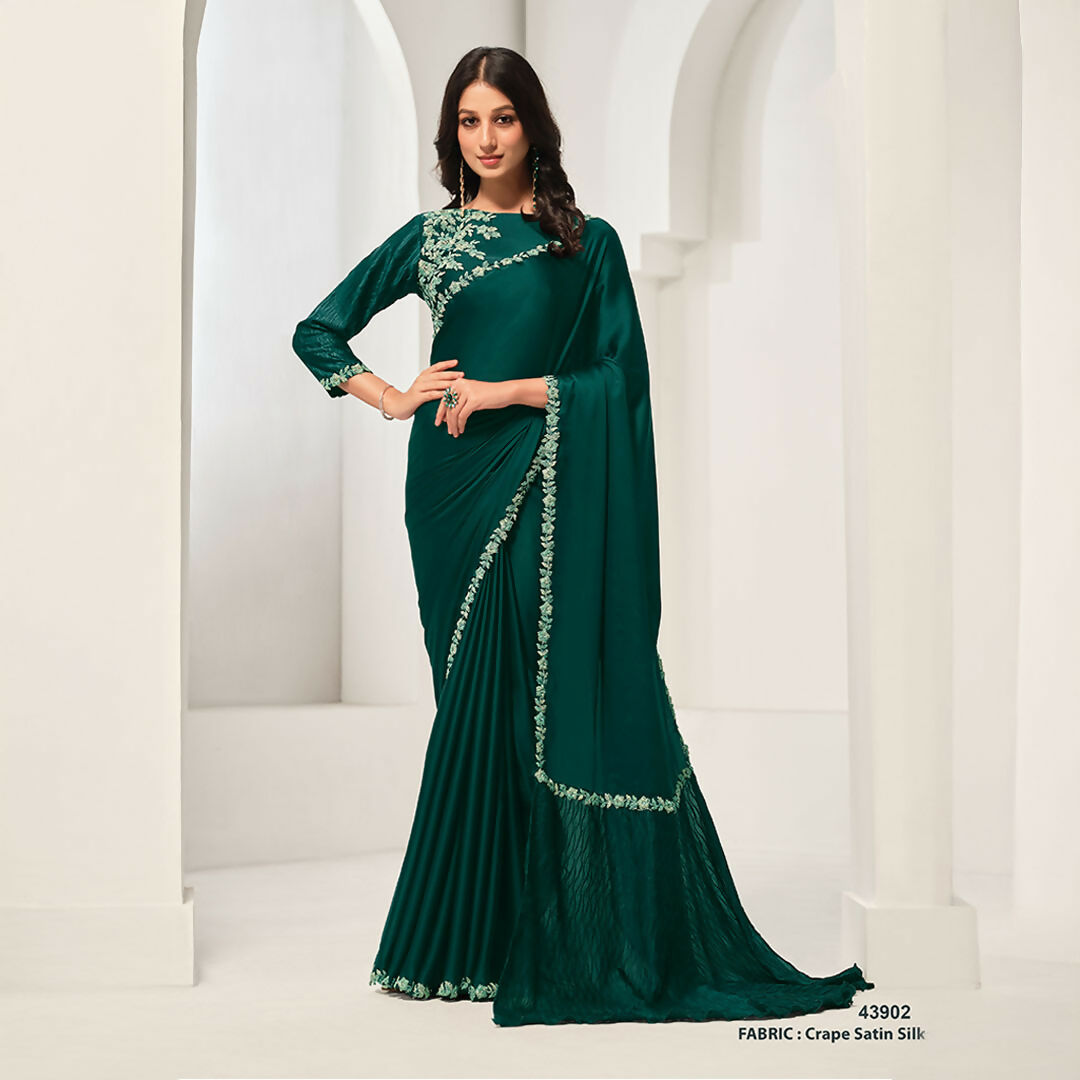 Green Crepe Satin Silk Handwork Saree With Unstitched Blouse - Norita Saanjh | Grocsy