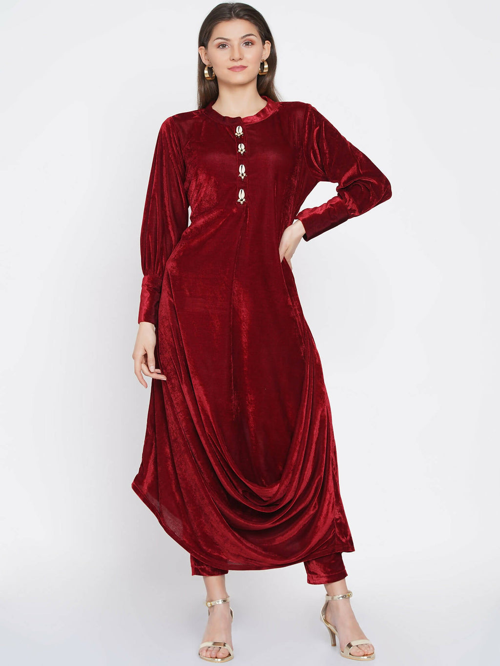 Women Republic Maroon Velvet Cowl Style Kurta With Pants | Grocsy