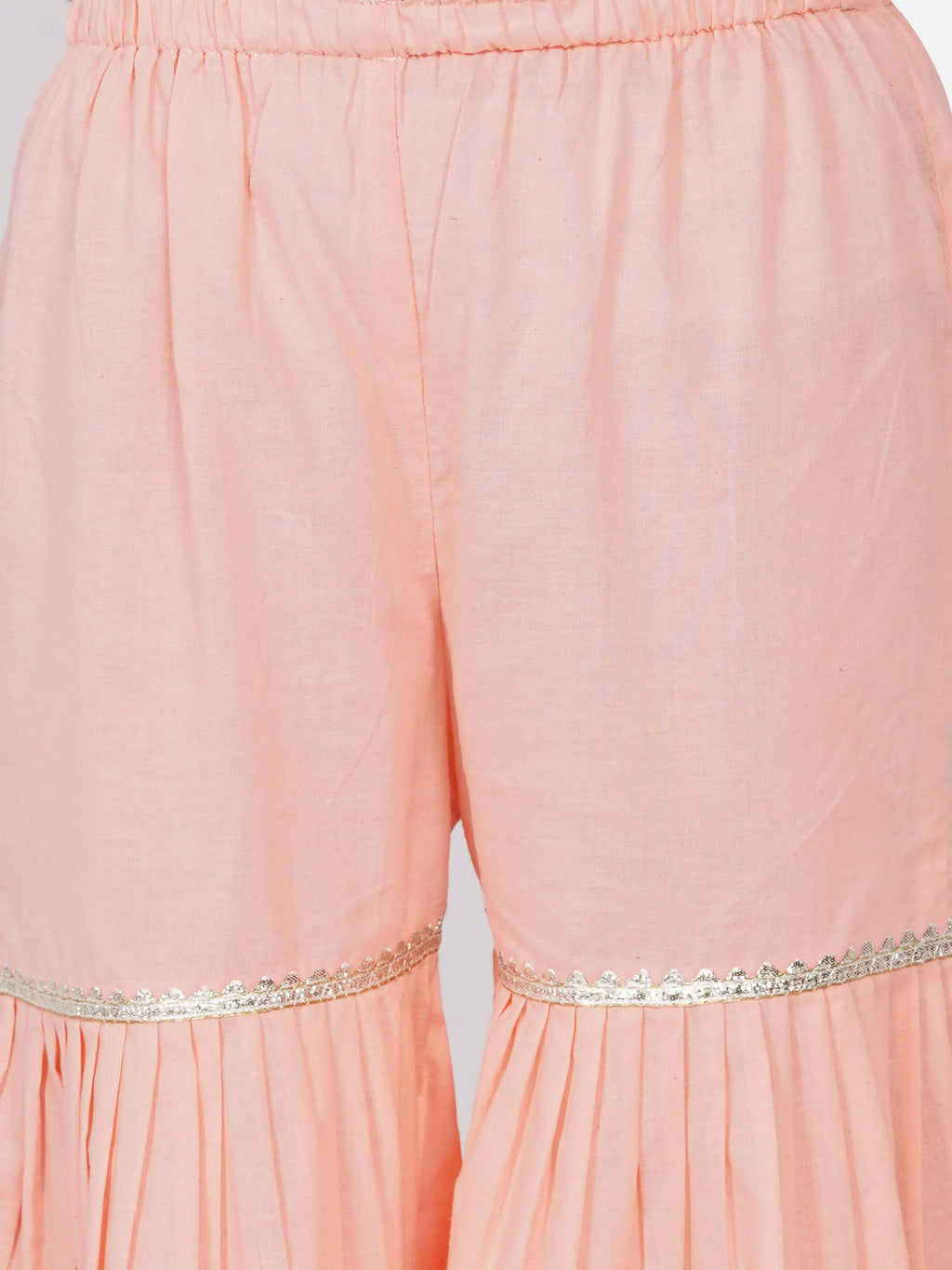 Little Bansi Girls Cotton Gotta Patti Kurta frock with Sharara & Dupatta - Peach | Grocsy