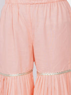 Little Bansi Girls Cotton Gotta Patti Kurta frock with Sharara & Dupatta - Peach | Grocsy