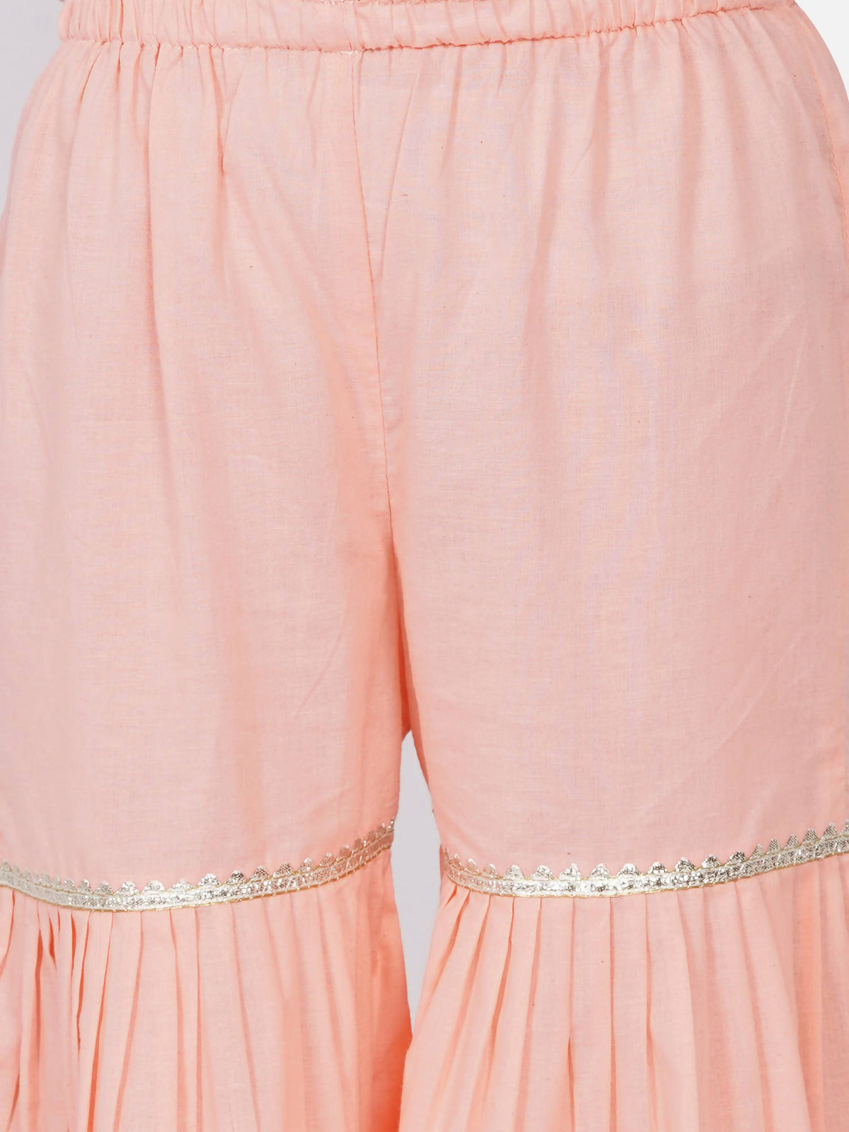 Little Bansi Girls Cotton Gotta Patti Kurta frock with Sharara & Dupatta - Peach | Grocsy