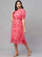 Myshka Women Pink Printed Half Sleeve Round Dress | Grocsy