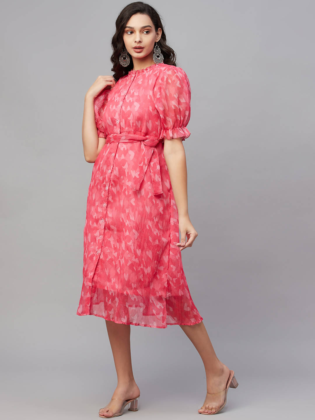 Myshka Women Pink Printed Half Sleeve Round Dress | Grocsy