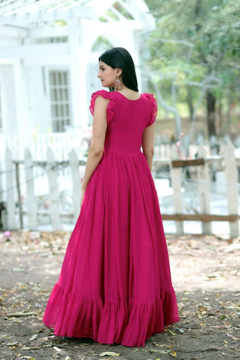 Jyoti Fashion Women's Rani Pink Sequins Thread Embroidery Faux Blooming Anarkali Dress | Grocsy