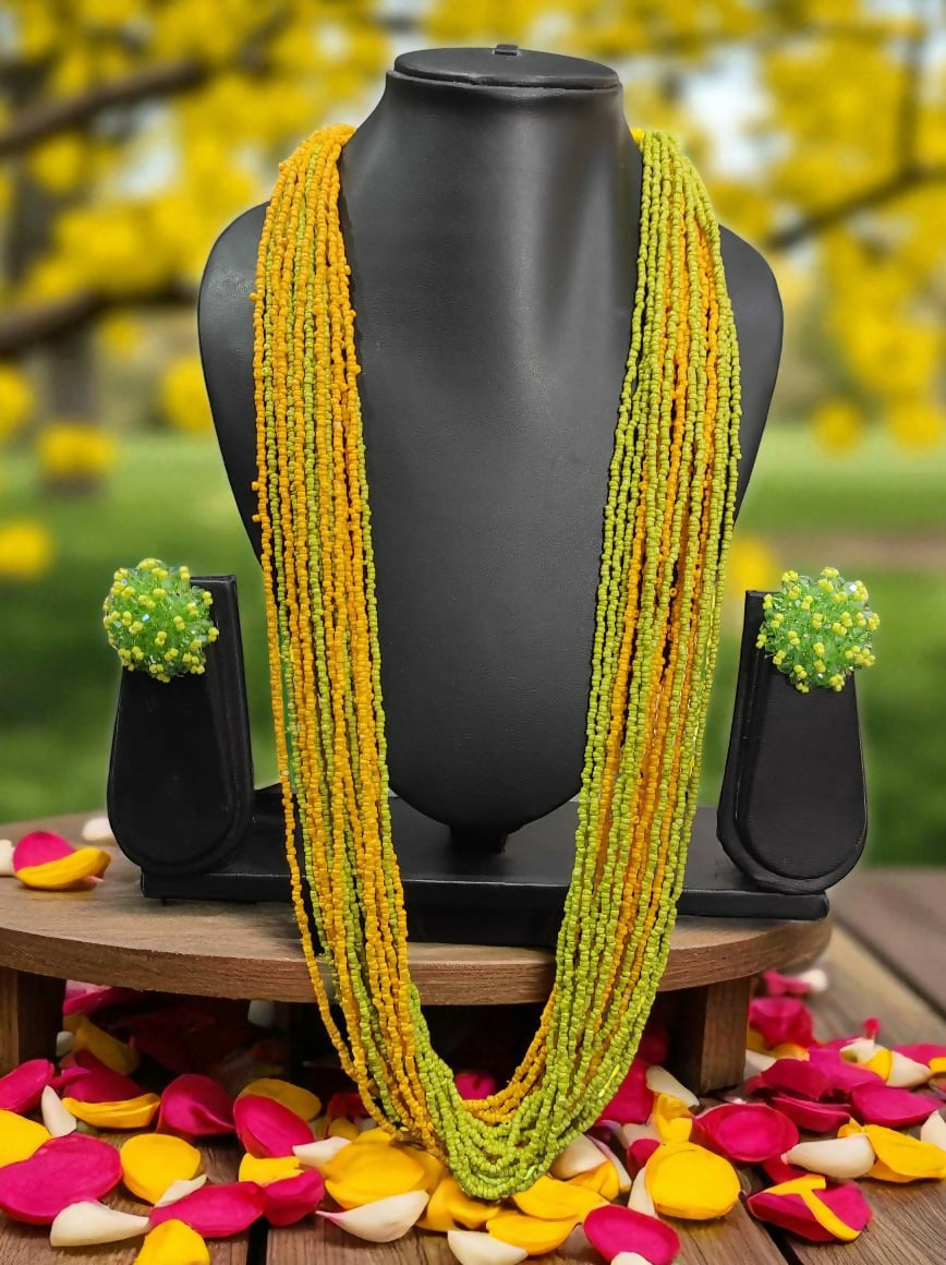 Inhanns Rangsaaz 20-Layer Luxe Long Beaded Necklace (With Optional Statement Earrings) - Dual Tone With Earring | Grocsy