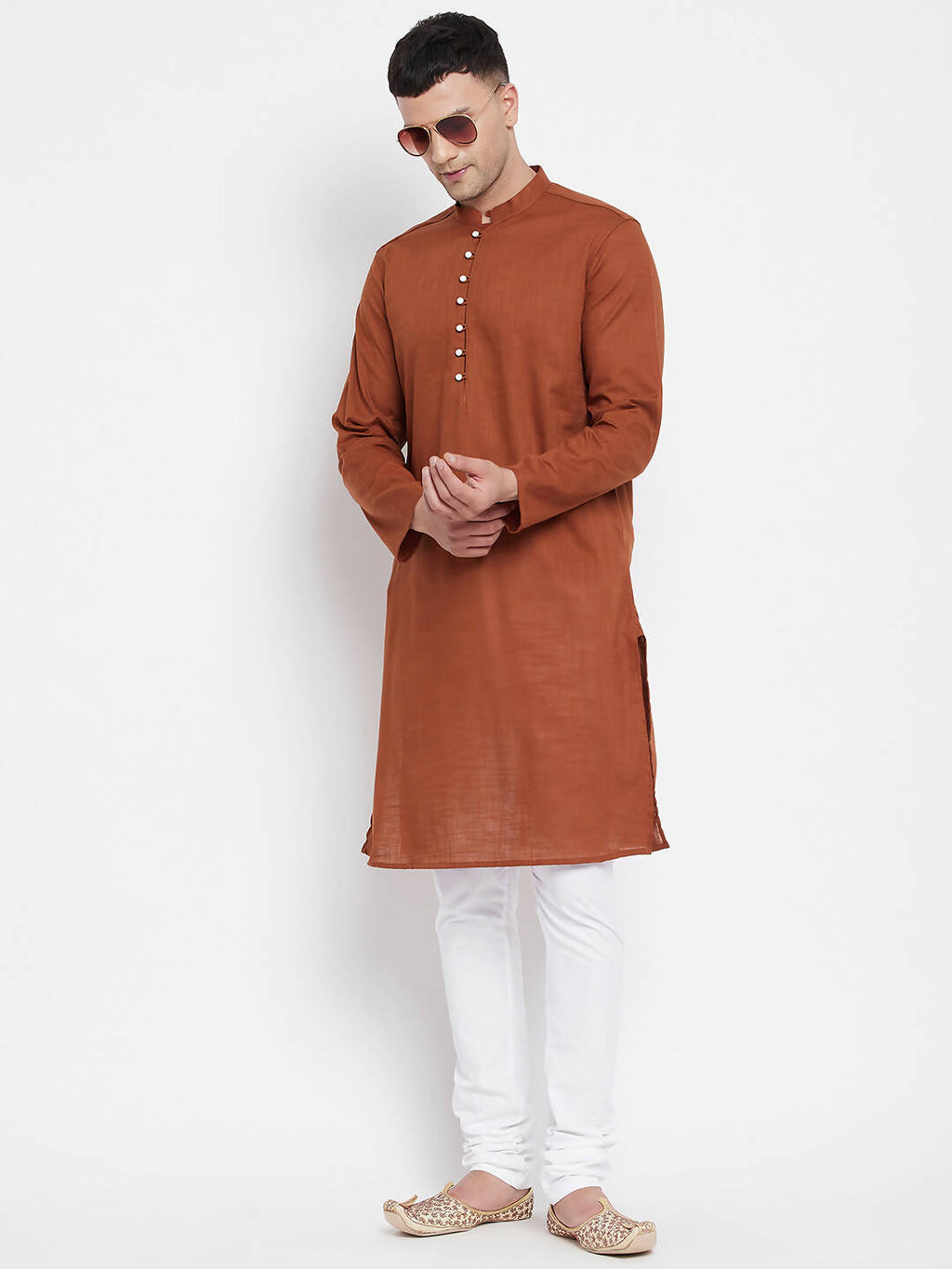 Even Apparels Brown Color Pure Cotton Men's Kurta With Band Collar | Grocsy