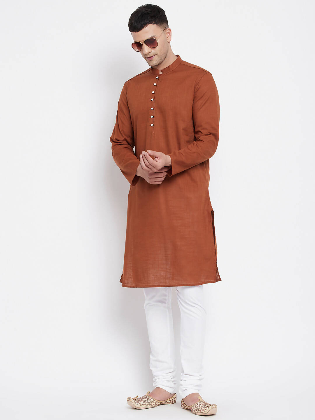 Even Apparels Brown Color Pure Cotton Men's Kurta With Band Collar | Grocsy