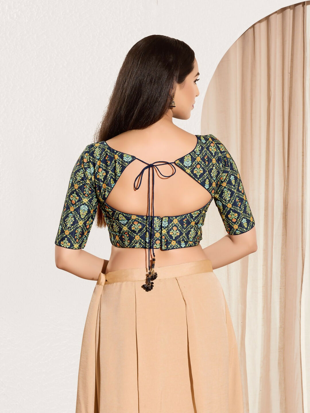 Joban Fashion Navy Blue Viscose Rayon Padded Blouse With Sweetheart Neck Elbow Sleeves | Grocsy