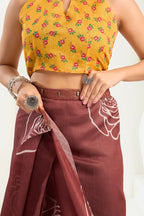 Vastranavya Dark Brown Digital Printed Linen Ready To Wear Designer Saree with Unstitched Blouse | Grocsy
