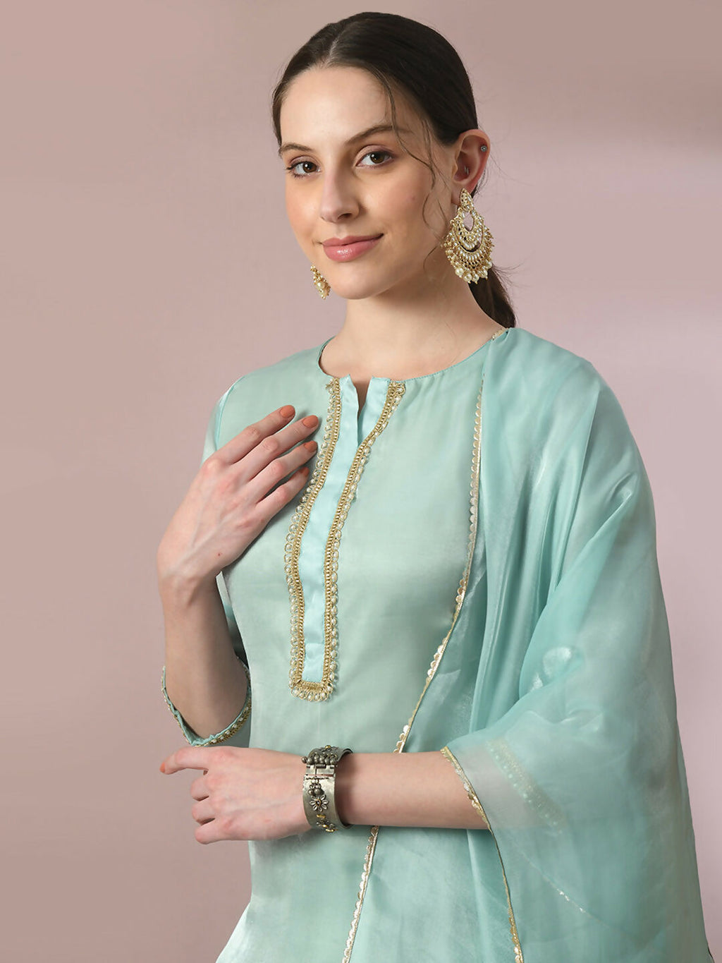 Myshka Women's Sea Green Solid Straight Party Kurta Set With Dupatta | Grocsy