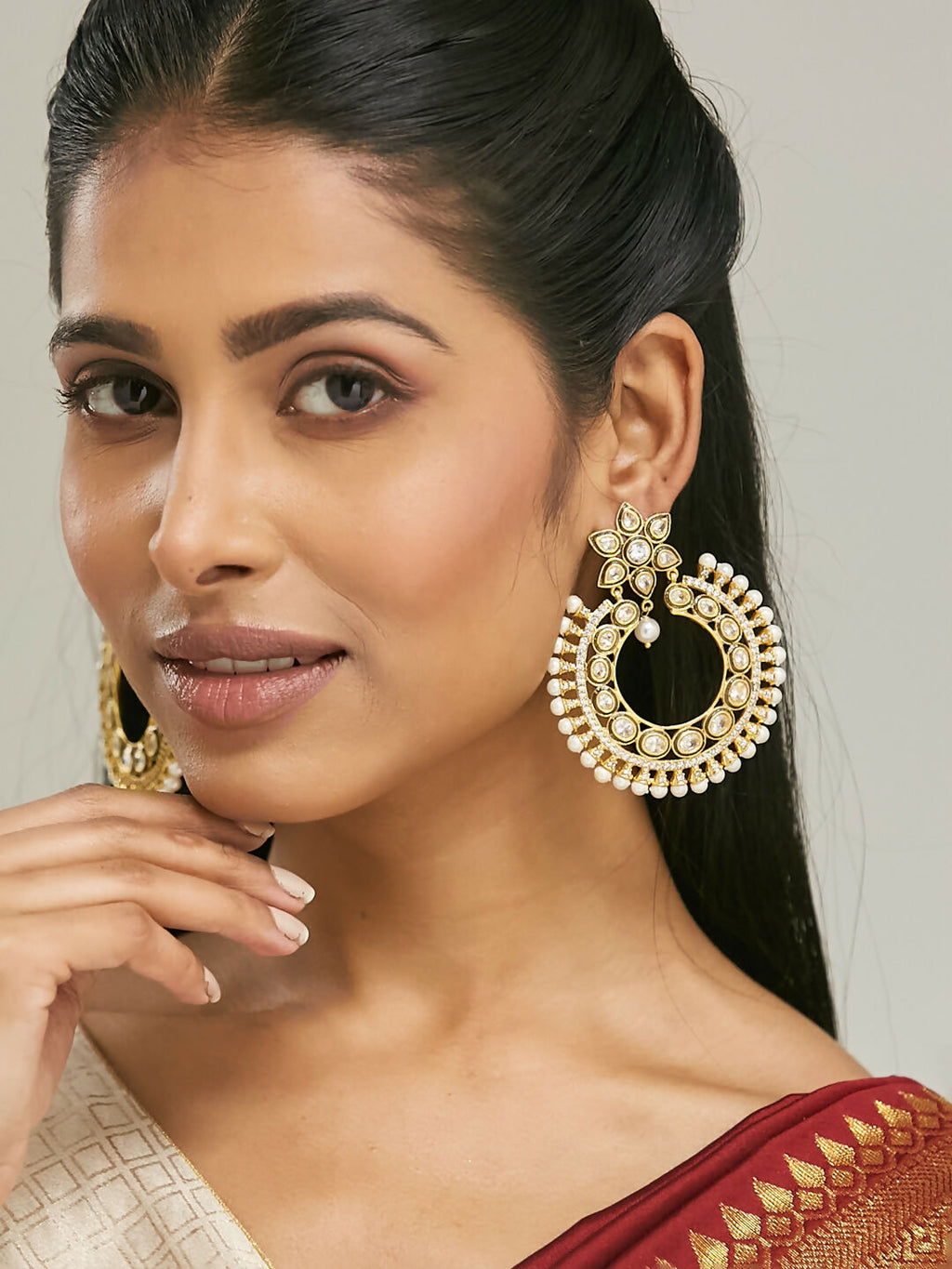 Nuyug 22K Gold-Plated Kundan Studded & Pearl Beaded Floral Chandbali Earrings | Grocsy