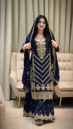 Teeya Creation Blue Color Chinon Silk Party Wear Trending Palazzo Set | Grocsy
