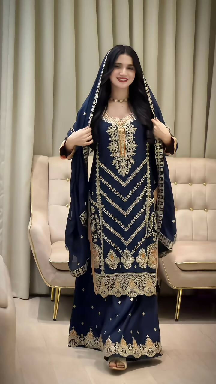 Teeya Creation Blue Color Chinon Silk Party Wear Trending Palazzo Set | Grocsy