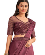 Wine Satin Embroidered Ready To Wear Saree With Unstitched Blouse Piece - Nandika | Grocsy
