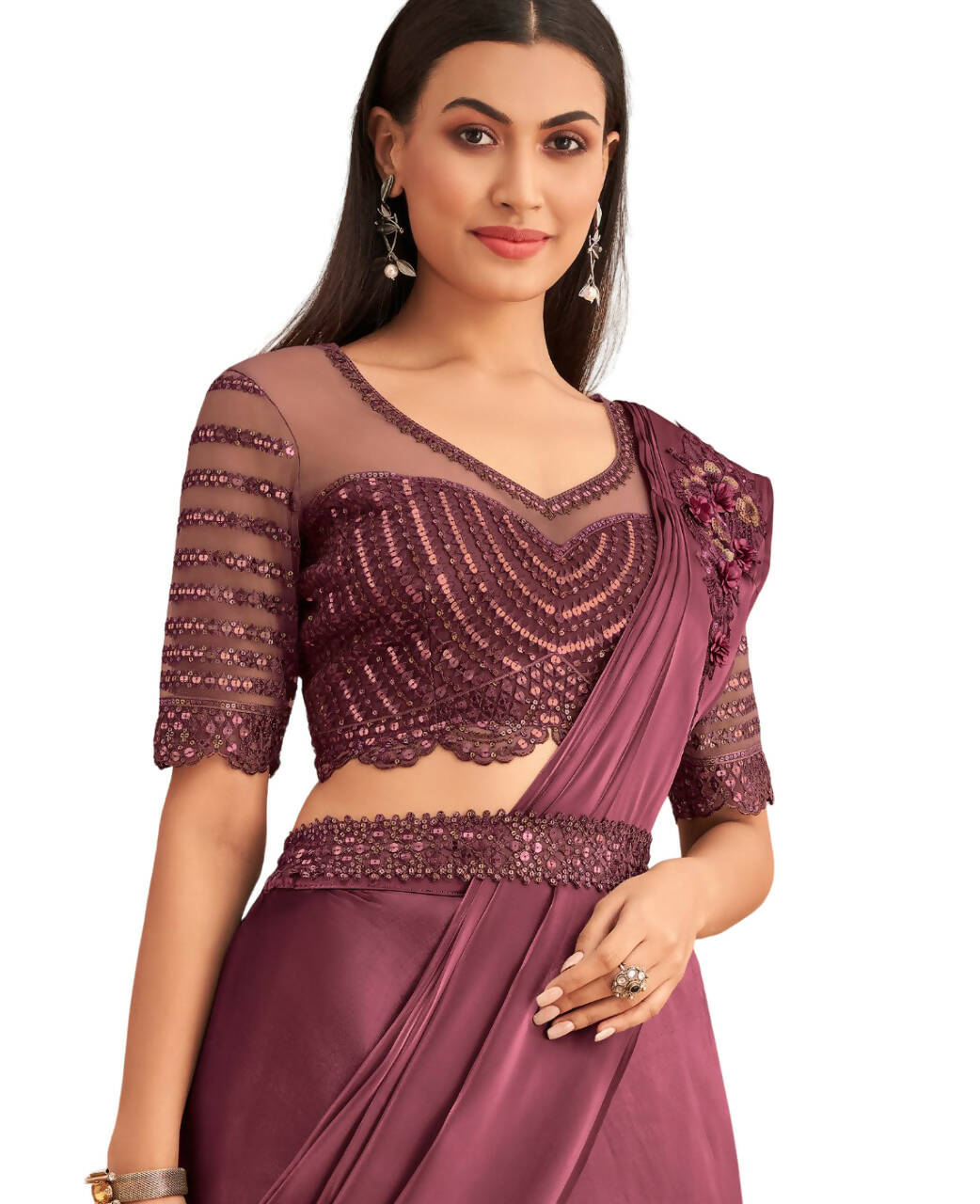 Wine Satin Embroidered Ready To Wear Saree With Unstitched Blouse Piece - Nandika | Grocsy
