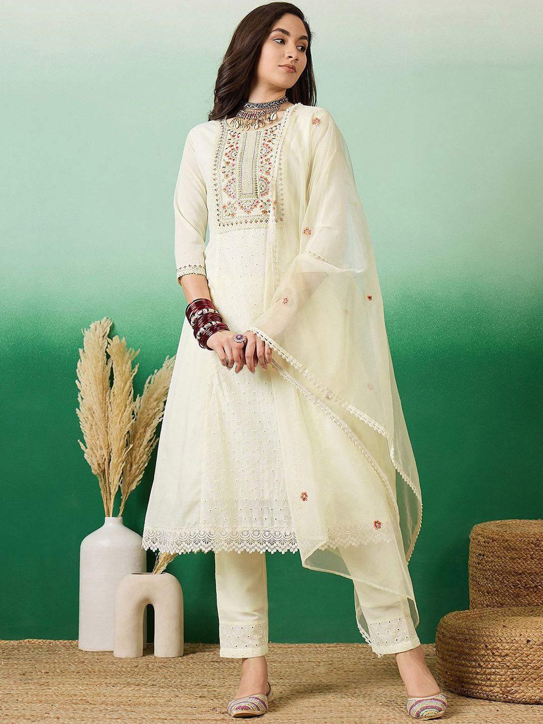 Sangria Embroidered A-Line Kurta With Trousers & Dupatta | Grocsy