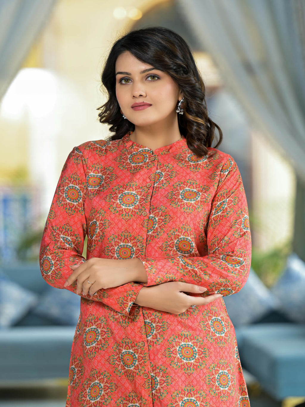 Juniper Women's Orange Ethnic Motif Printed Viscose Tunic With Buttons Detailing | Grocsy
