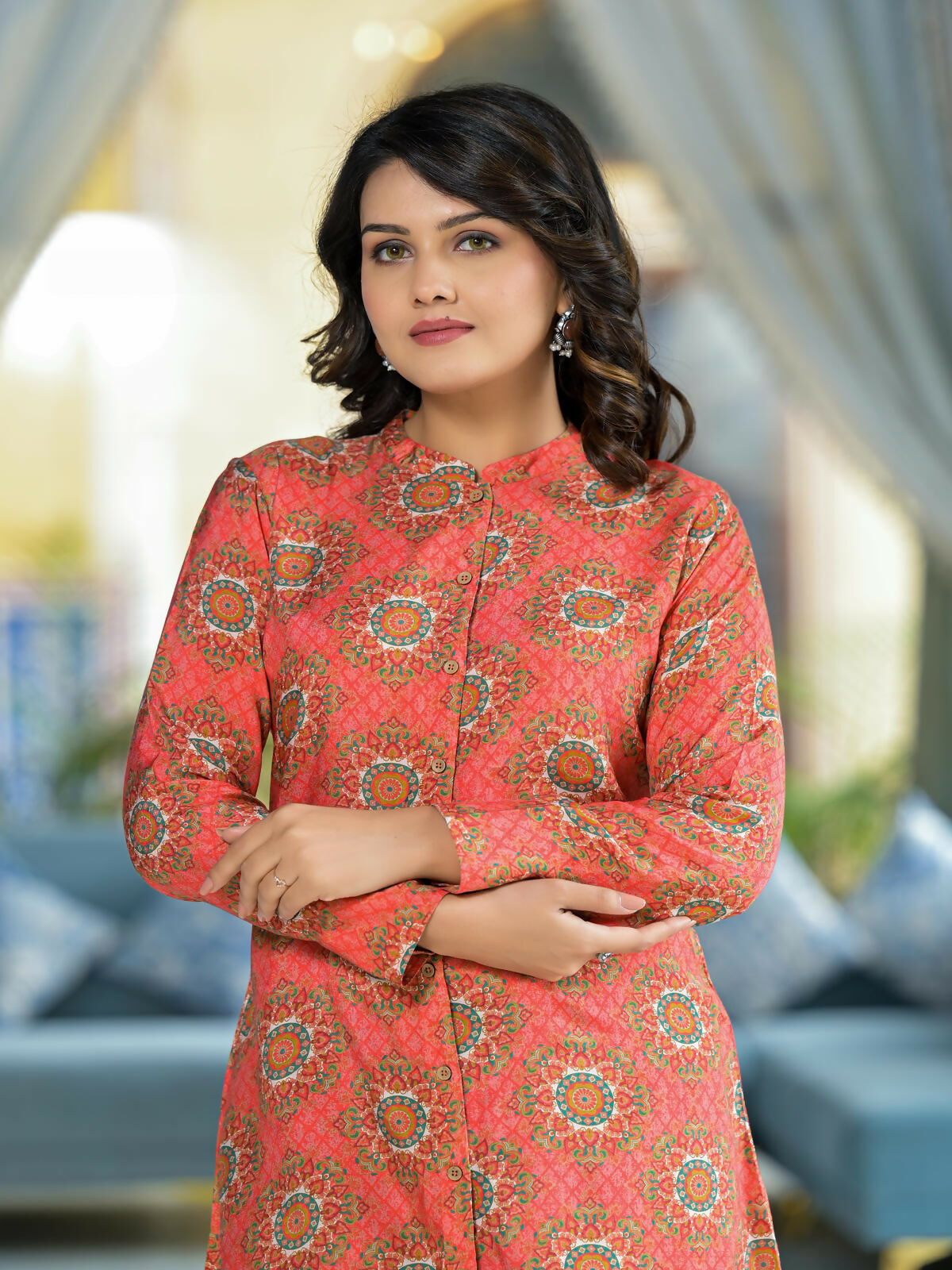 Juniper Women's Orange Ethnic Motif Printed Viscose Tunic With Buttons Detailing | Grocsy