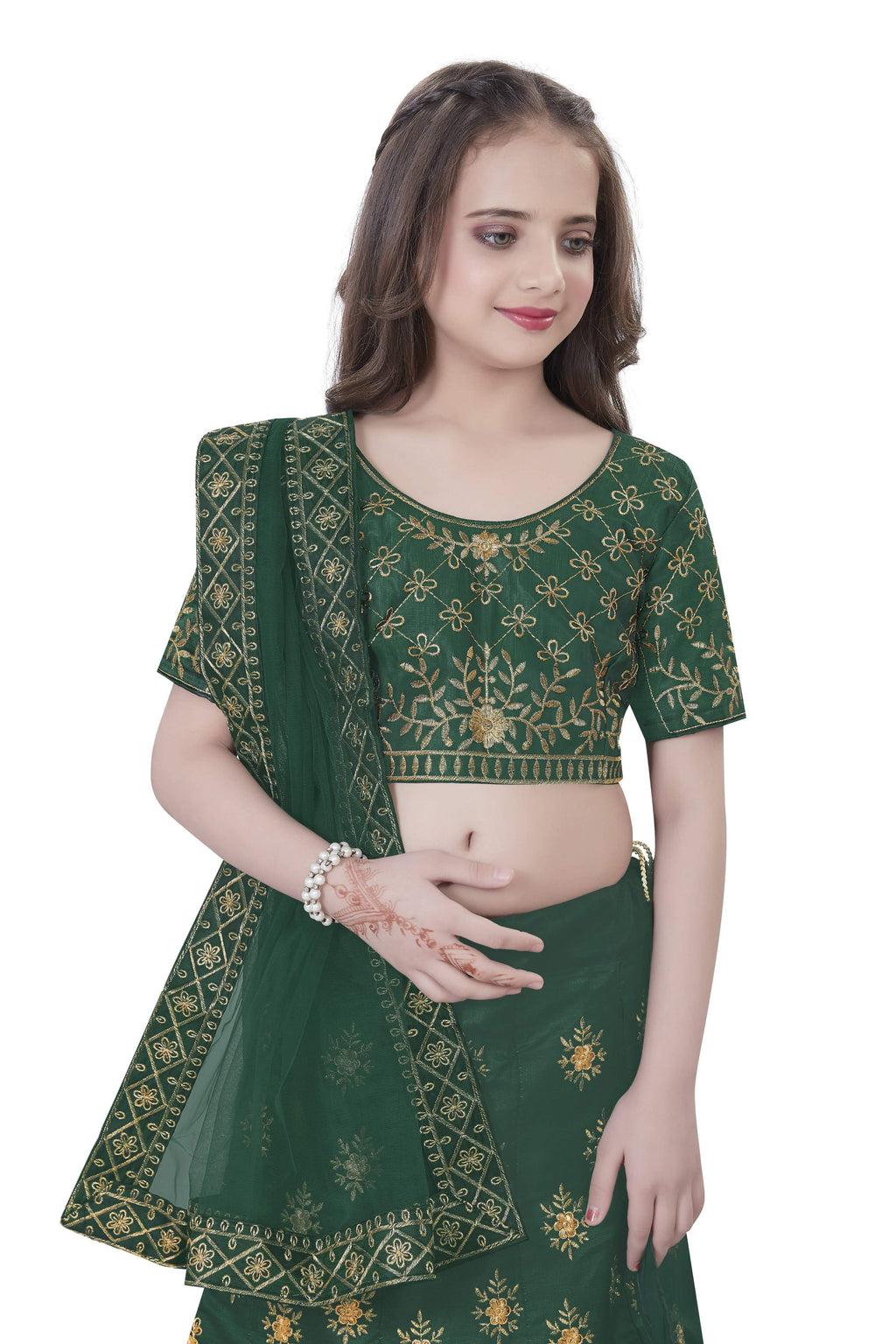 Dwiden Green Lehriyu Tafetta Sattin Semi-Stitched Girl's Lehenga Choli | Grocsy