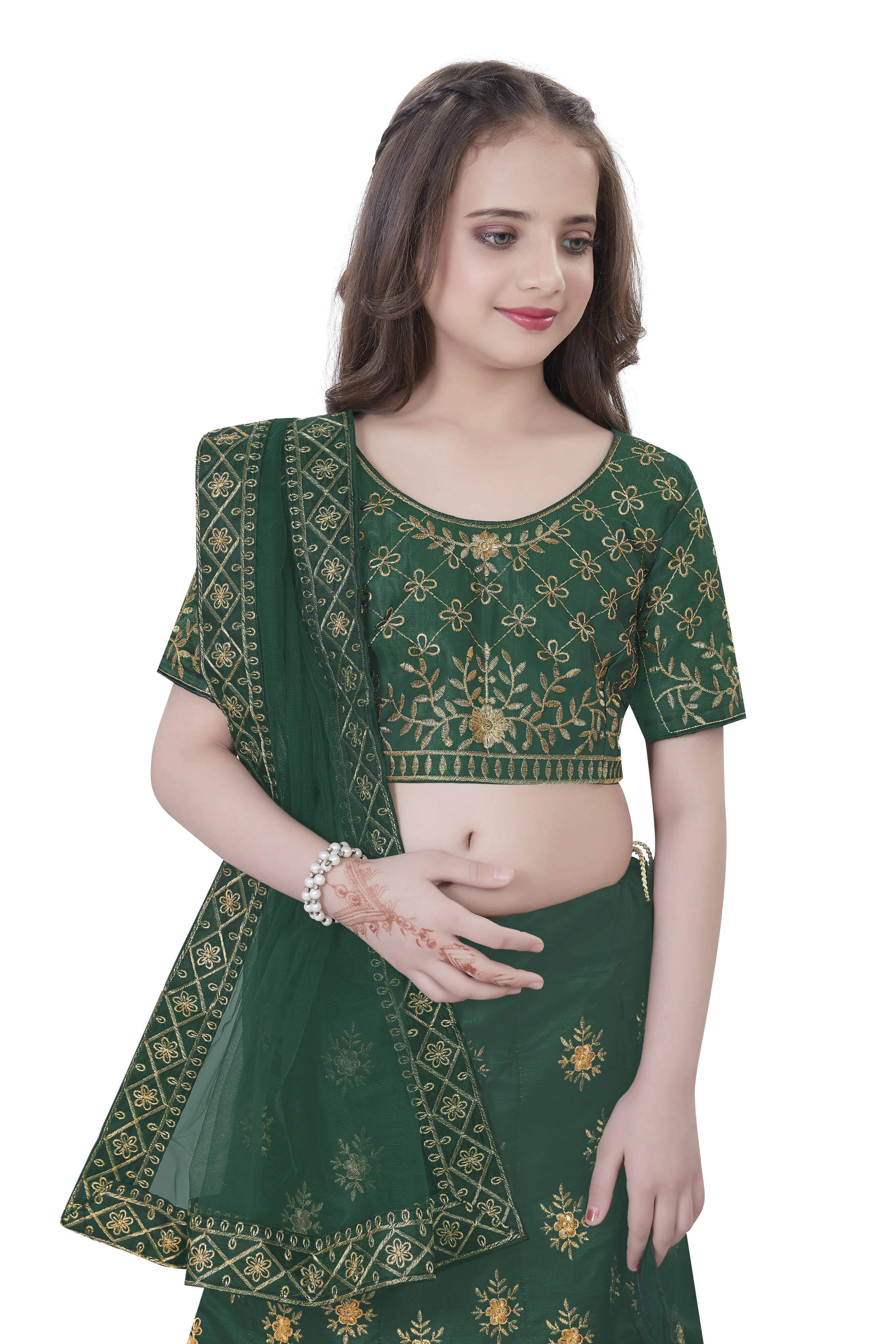 Dwiden Green Lehriyu Tafetta Sattin Semi-Stitched Girl's Lehenga Choli | Grocsy